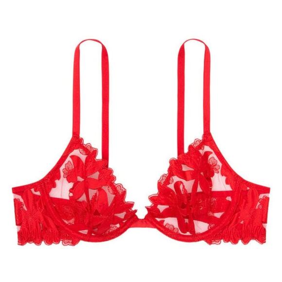 NWT Victoria's Secret Unlined Demi Bra Red Floral Lace 34DDD 34 DDD 34F Lingerie - Picture 3 of 11